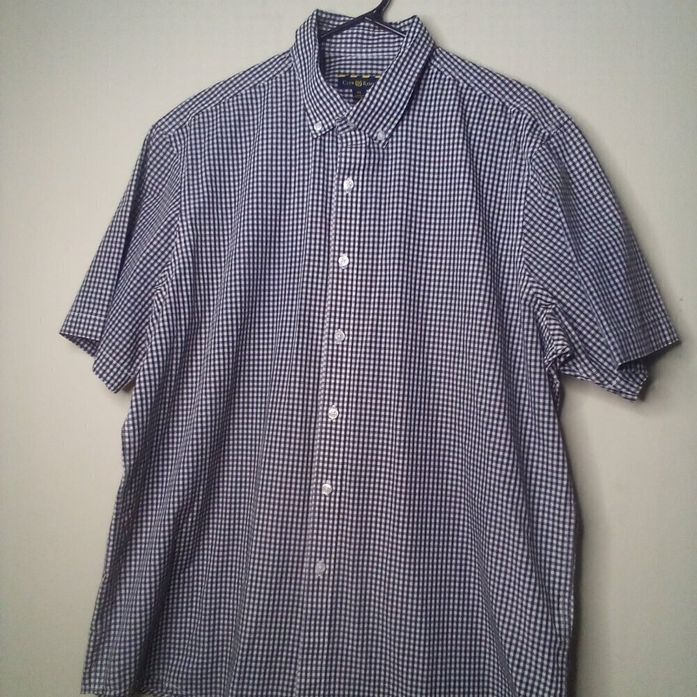 Club Room Shirt Men XL Button Down Short Sleeve Plaid Gingham Black White
